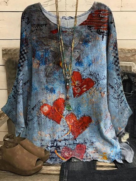

Crew Neck Heart Vacation Mid Sleeve Blouse, Multicolor, Shirts & Blouses
