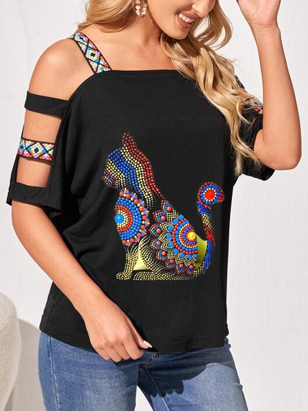 

Loosen Animal Crew Neck Casual Short Sleeve Tops, Black, Shirts & Blouses