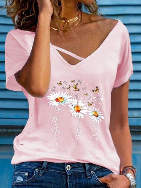 

Casual Floral Short Sleeve V Neck Plus Size Printed Tops T-shirts, Pink, T-Shirts