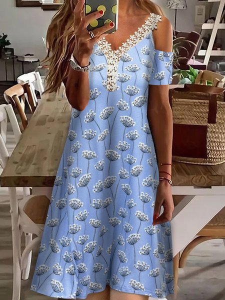 

Vacation Floral Casual Loosen V Neck Hollow Out Midi Short Sleeve Knit Dress, Blue, Mini Dresses
