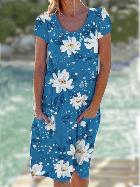 

Vacation Floral Loosen Pockets Crew Neck Midi Short Sleeve Knit Dress, Flower, Mini Dresses