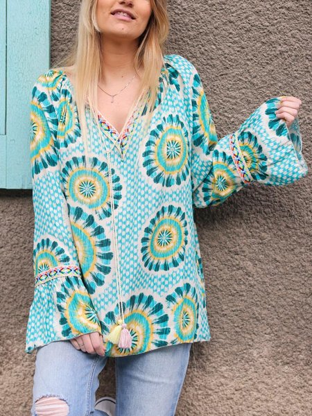 

Loosen V neck Cotton Blends Casual Tribal Long Sleeve Tops, Blue, Blouses & Shirts