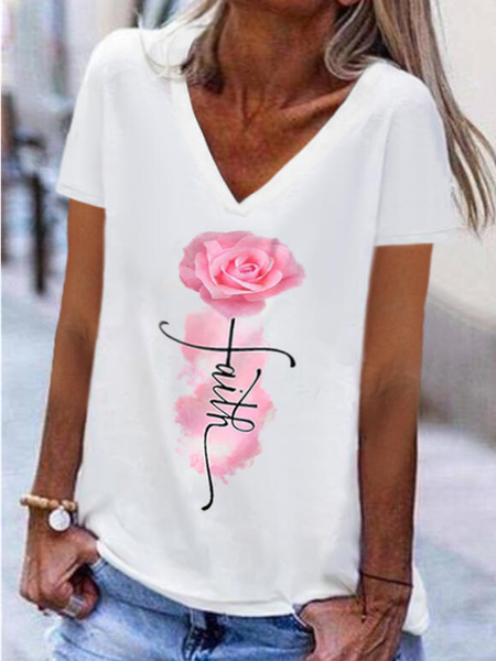 

Floral Print Letter V-Neck Short Sleeves T-shirts, White, Tees & T-shirts