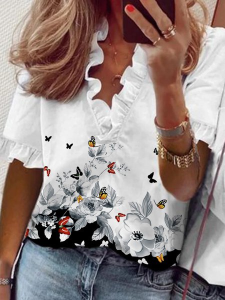 

Casual Floral V neck Loosen Short Sleeve Tops, White, Tops