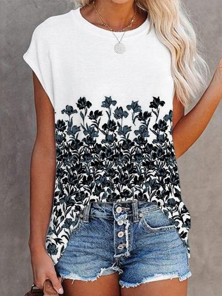 

Casual Floral Round Neck Short Sleeve T-Shirt, White, T-Shirts
