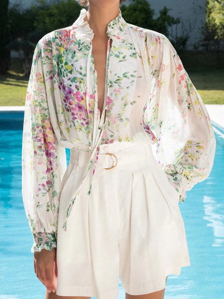 Vacation V Neck Long Sleeve Floral Top, White, Tops