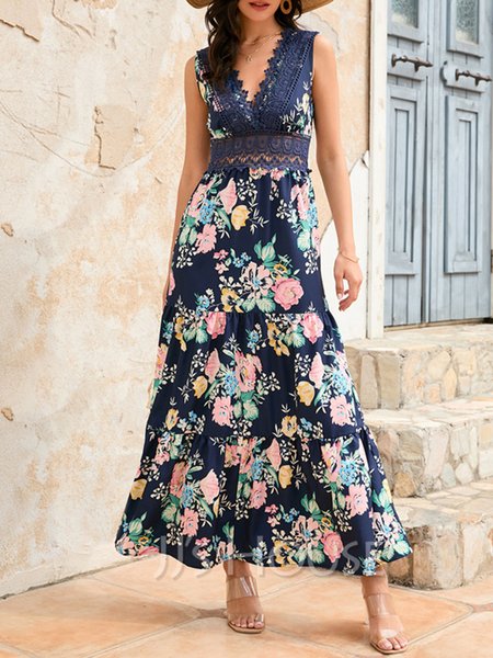 

Floral Vacation V Neck Sleeveless Woven Dress, Blue, Maxi Dresses