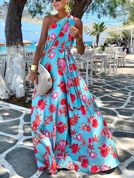 

Floral Vacation Regular Fit Sleeveless Maxi Dress, Blue, Maxi Dresses