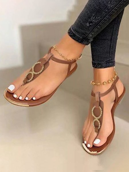 

JFN Vintage Ring Buckle Thong Sandals, Brown, Sandals