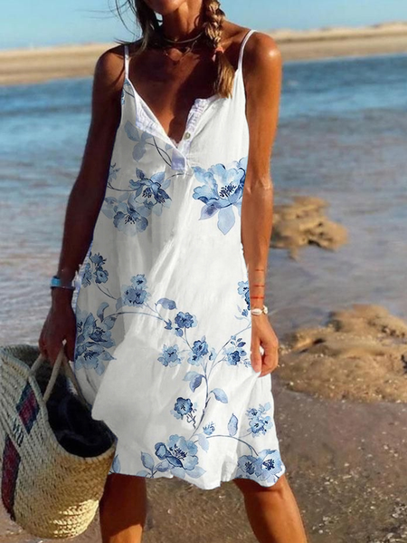 Spaghetti Vacation Sleeveless Woven Dresses, White, Midi Dresses