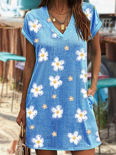 

Vacation Painted Floral Abstract Geometric Ptinted Casual Loosen V Neck Midi Short Sleeve Knit Dress, Blue, Mini Dresses