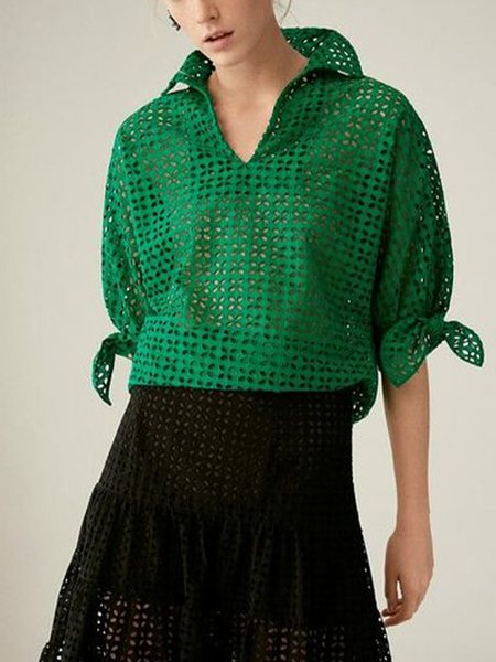 

Loosen Plain Pastoral Short Sleeve Top, Green, Blouses and Shirts