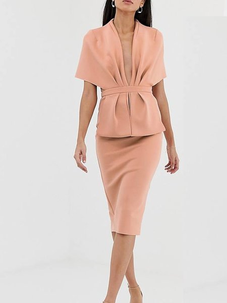 

V Neck Short Sleeve Fitted Woven Dress, Pink, Midi Dresses