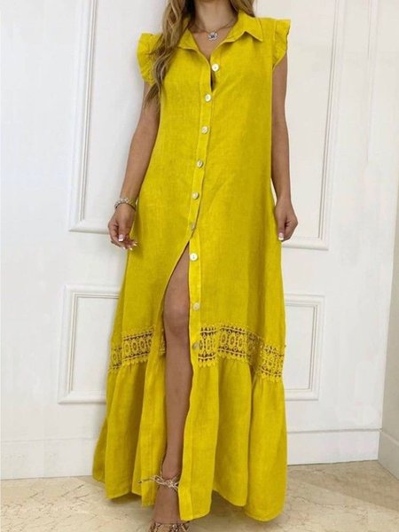 

Vacation Cotton Shirt Collar Sleeveless Woven Dress, Yellow, Maxi Dresses