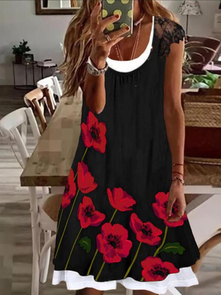 

Floral Casual Round Neck Short Sleeve Dress, Black, Mini Dresses