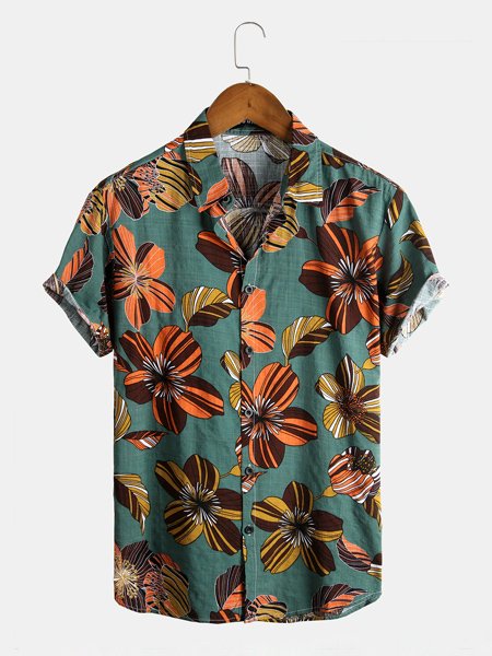 

Men's Cotton Linen Plant Floral Comfortable Short Sleeve Shir, As picture, Men's Floral shirt