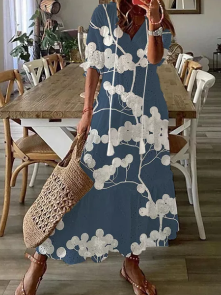 

Bohemian V-Neck Printed Drawstring Short Sleeve Midi Dress Floral V Neck Casual Short Sleeve Woven Dress, Deep blue, Floral Dresses