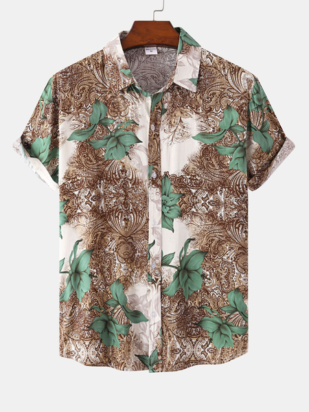 

Cotton Linen Botanical Floral Print Lapel Cozy Linen Shirt, As picture, Men's Floral shirt