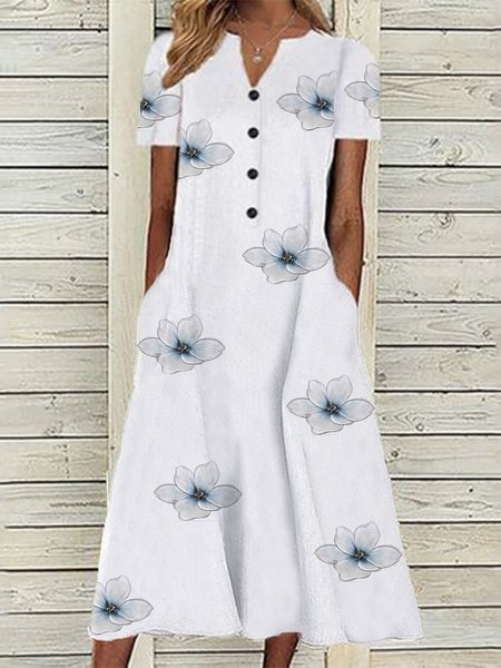 

Casual V neck Floral Loosen Short sleeve Woven Dresses, White, Midi Dresses
