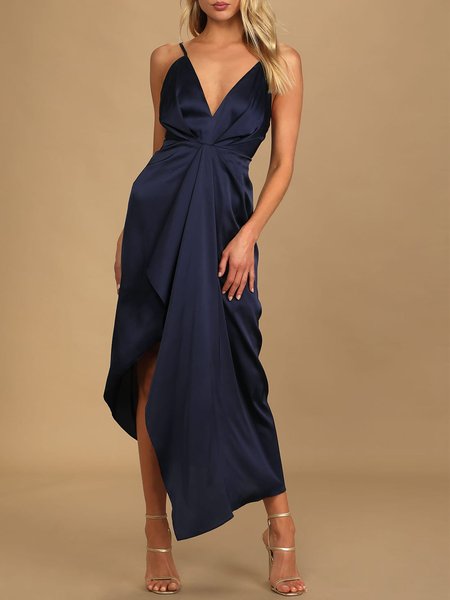 

Elegant Sleeveless Woven Dress, Blue, Maxi Dresses