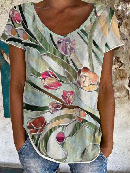 

Loosen Cotton Blends Floral Short Sleeve T-Shirt, Multicolor, T-Shirts