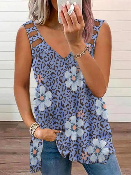 

Floral Sleeveless V Neck Plus Size Casual Tank, Blue, Tank Top