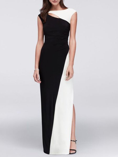 

Boat Neck Skinny Plain Sleeveless Knitting Maxi Dress, Black, Maxi Dresses