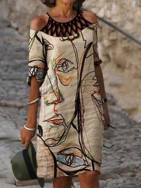 

Loosen Round Neck Abstract Short Sleeve Woven Dress, Khaki, Dresses