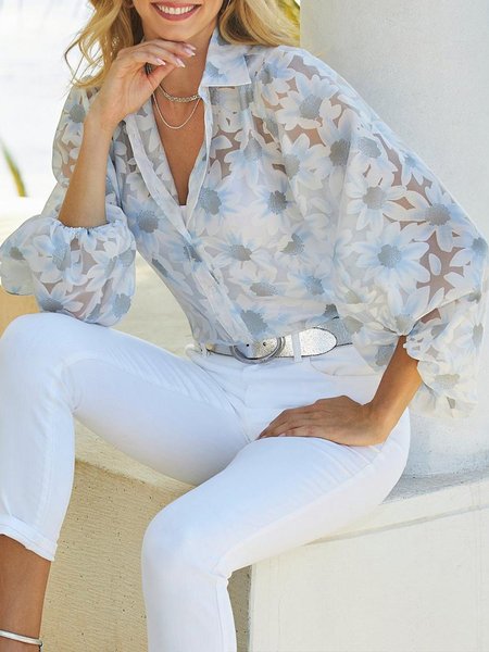

Shirt Collar Long Sleeve Floral Blouse, White, Blouses and Shirts