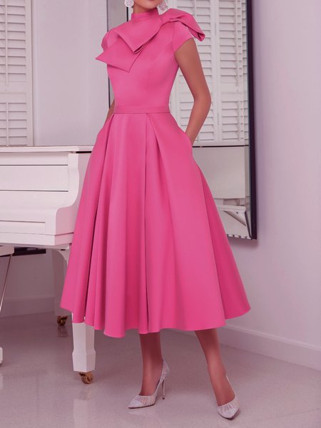 

Summer Lightweight Elegant Short Sleeve Woven Slightly stretchy Dress, Deep pink, Maxi Dresses