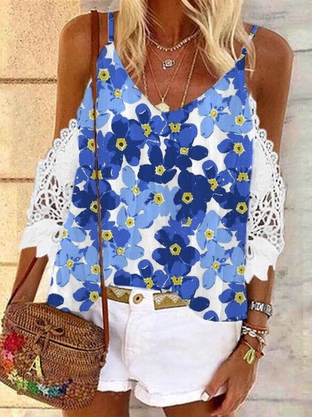 

Casual Floral V Neck Loosen Short Sleeve Lace Tops, Blue, Tops