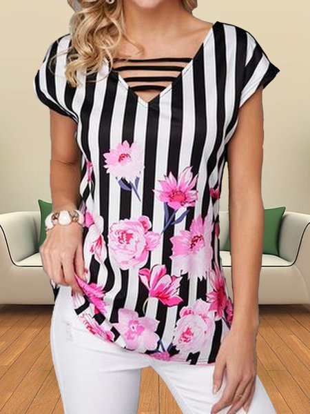 

Sporty Floral Loosen Short Sleeve Tops, Black, Shirts & Blouses