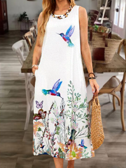 

Floral bird print resort beach dress Crew Neck Short Sleeve Woven Dress, White, Maxi Dresses