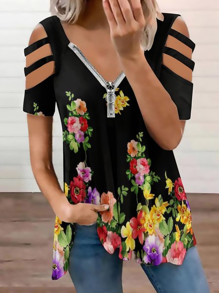 

Floral Print Casual Short Sleeve Tops, As picture, Blouses