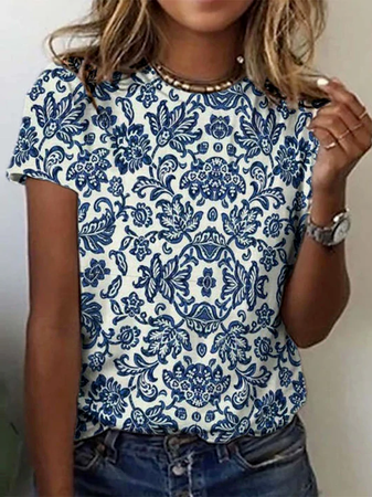 

Crew Neck Regular Fit Floral Short Sleeve Blouse, Blue, T-Shirts