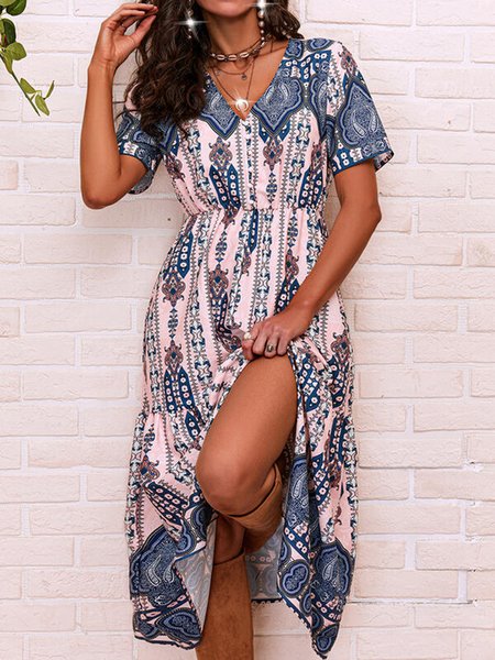 

Buttoned Tribal Printed Casual Short Sleeve Woven Dress, Pink, Dresses