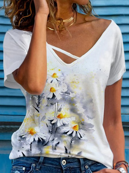 

Floral V Neck Short Sleeve T-Shirt, White, T-Shirts