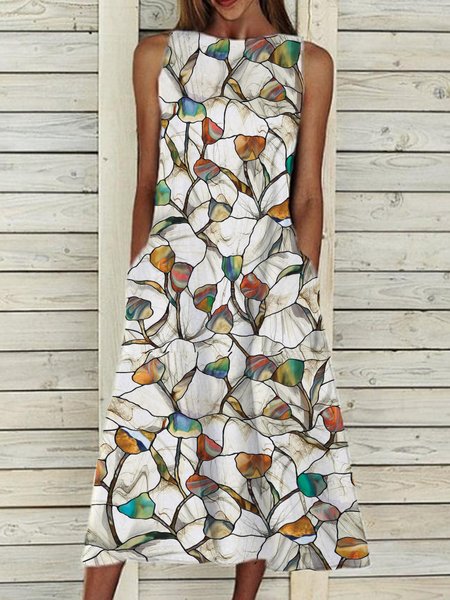 

Casual Loosen Floral Crew Neck Sleeveless Woven Dresses, As picture, Midi Dresses