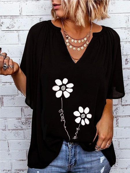 

Casual V Neck Loosen Floral Short Sleeve Tops, Black, Tops