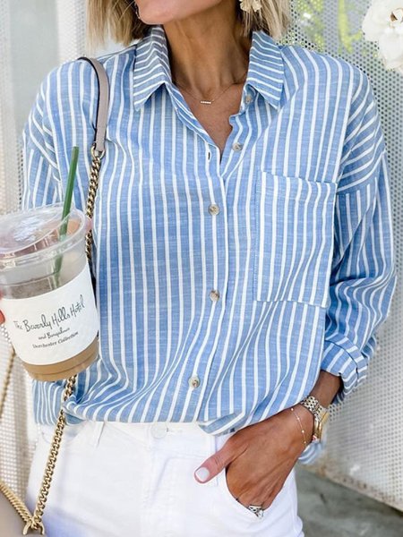 

Striped Loosen Shirt Collar Long Sleeve Blouse, Blue, Blouses & Shirts