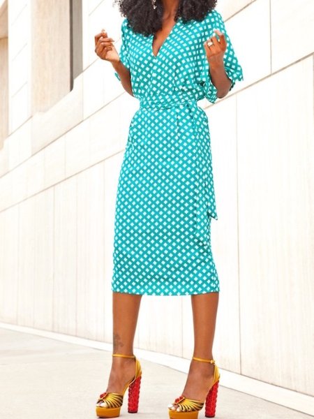 

Summer V neck Lightweight Regular Fit Short Sleeve Woven Dress, Green, Midi Dresses