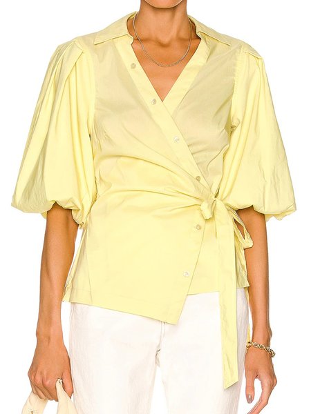 

Simple Regular Fit Solid Mid Sleeve Blouse, Yellow, Blouses and Shirts