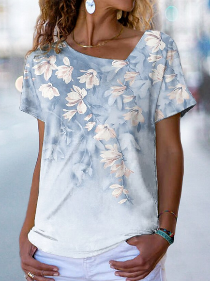 

JFN Asymmetrical V Neck Floral Casual T-Shirt/Tee, Blue, T-Shirts