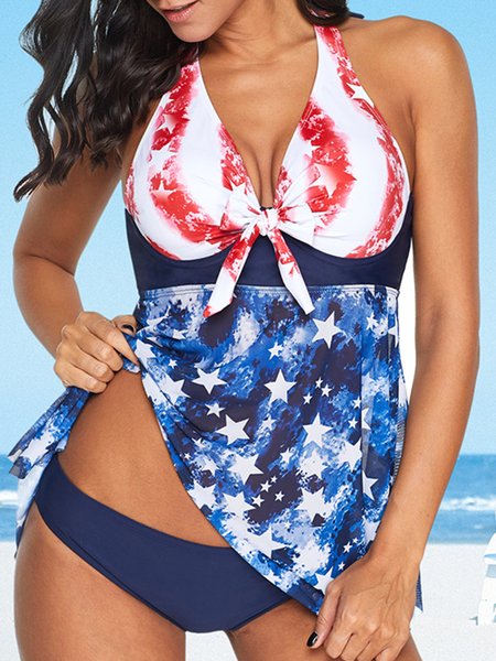

Women's American Flag Print Sexy Deep V Halter Tankini Swimsuit Plus Size, As picture, swimwear>>Tankinis