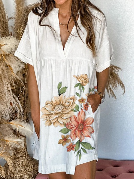 

Cotton Floral Short Sleeve Woven Dress, White, Dresses
