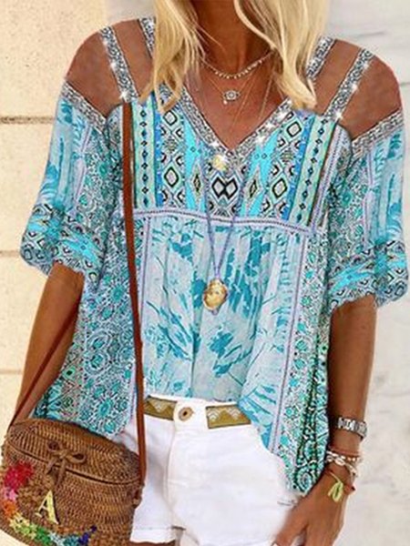 

Loosen Crew Neck Floral Short Sleeve Blouse, Multicolor, Tank Tops & Camis
