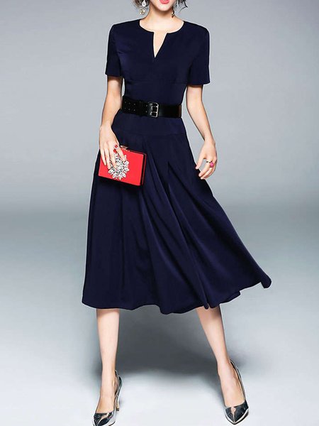 

Plain Elegant Regular Fit Short Sleeve Woven Midi Dress, Blue, Midi Dresses