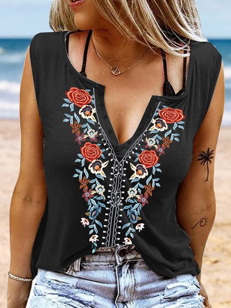

Beach Holiday Folk flower print fit T-shirt Plus Size, Black, Tanks & Camis