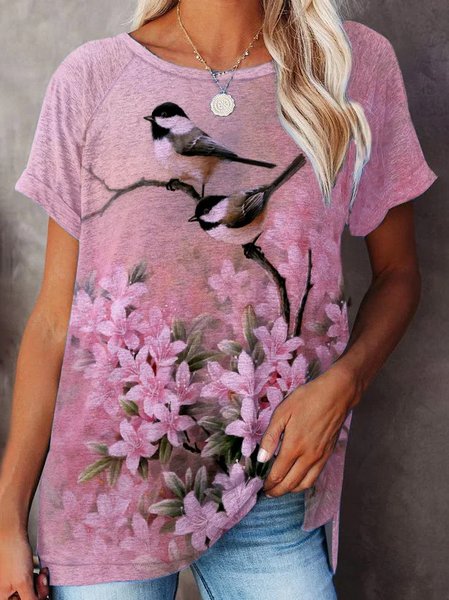 

Crew Neck Floral Bird Loosen Short Sleeve T-Shirt, Pink, T-Shirts