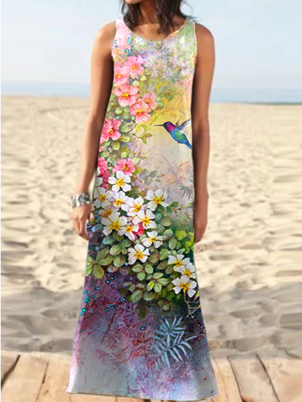 

Gradient Floral Bird Print Resort Beach Dress Vacation Ombre Short Sleeve Woven Dress, Multicolor, Dresses